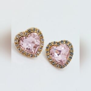 Pink Heart‎ Shaped Stone Outlined In Faux Diamonds and Gold Colored Backings